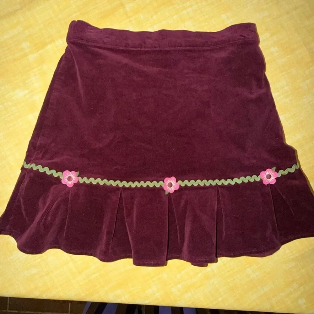 Gymboree Burgundy Corduroy Girls Skirt 12 Pink Flowers Green Rick Rack Adjustabl